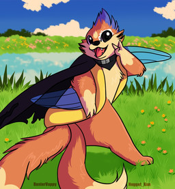 2_tails 3_fingers ambiguous_gender anthro biped black_nose blue_fin blue_fins cape cape_only cheek_tuft chest_tuft clothing cloud detailed_background facial_tuft feet fingers fluffy fluffy_tail fur gesture grass hand_gesture long_tail mostly_nude multi_tail orange_body orange_fur orange_tail outside pink_tongue plant sky skyscape solo standing tail teeth toes tongue tuft v_sign water nugget_kun nintendo pokemon taiga_zoreyn_(kodakobalian) floatzel generation_4_pokemon pokemon_(species) 2019 hi_res