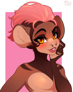 big_ears blush eyebrows facial_piercing femboy fur hair looking_at_viewer male nose_piercing piercing pink_background pink_hair raised_eyebrow simple_background solo tan_body tan_fur teeth white_background yellow_eyes pacevanrign haplorhine mammal monkey primate bust_portrait portrait