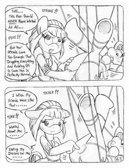 anthro bdsm big_butt blush blush_lines bondage bound bra butt clothed clothed_anthro clothed_female clothing cutie_mark dialogue dominant dominant_female duo eyelashes female fingering foreplay fully_clothed fully_clothed_anthro fully_clothed_female genitals hands_wrapped horn horn_jewelry horn_ring inhibitor_ring jewelry magic_inhibitor magic_suppression partially_clothed_anthro partially_clothed_female ring_(jewelry) sexual_assault speech_bubble text thread tickling tickling_genitalia tickling_vulva translucent translucent_clothing translucent_topwear underwear unicorn_horn vaginal vaginal_fingering vulva wrapped wrapped_arms wrapped_legs circe_(artist) friendship_is_magic hasbro my_little_pony mythology blue_nile_(mlp) rarity_(mlp) earth_pony equid equine horse mammal mythological_creature mythological_equine pony unicorn black_and_white comic english_text monochrome traditional_media_(artwork)