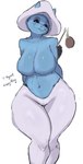 :3 anthro black_sclera blue_body blue_fur bottomwear breasts clothed clothing collarbone featureless_breasts female front_view fur hands_behind_back hat headgear headwear mushroom_hat navel pants simple_background smile solo standing text thick_thighs topless topless_anthro topless_female whiskers white_background white_bottomwear white_clothing white_eyes white_hat white_headwear white_pants wide_hips gikowinko blue_smurf_cat the_smurfs smurf_cat domestic_cat felid feline felis mammal 2023 colored digital_drawing_(artwork) digital_media_(artwork) english_text shaded