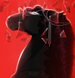 ambiguous_feral ambiguous_gender black_body black_ears ears_back eyelashes feral glass_shards looking_at_viewer mane mouth_closed narrowed_eyes pivoted_ears purple_mane red_background red_eyes side_view simple_background solo huskii-s equid equine horse mammal hi_res signature