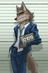 anthro bottomwear chart chart_background clothing hand_in_pocket height_chart holding_object holding_sign imperial_unit jail_placard looking_at_viewer male male_anthro number numbered_tag pants placard pockets police_lineup sign simple_background smile solo suit teeth unit karasumisso dreamworks the_bad_guys mr._wolf_(the_bad_guys) canid canine canis mammal wolf 2021 absurd_res hi_res