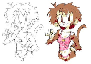 anthro arm_tuft brown_body brown_eyes brown_fur brown_hair brown_tail clothing collarbone elbow_tuft female fur hair hand_on_hip mouth_closed multicolored_body navel panties pink_clothing pink_panties pink_topwear pink_underwear simple_background sleeveless_clothing solo tail topwear tuft underwear white_background jsdtnaa haplorhine mammal monkey primate 2024 digital_drawing_(artwork) digital_media_(artwork) portrait