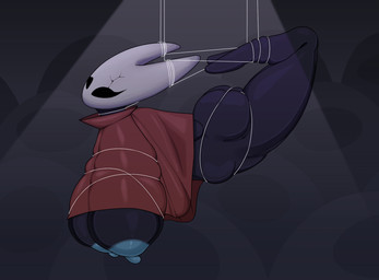 2_horns abdominal_bulge anthro areola big_breasts big_butt biped black_eyes blue_areola blue_nipples bound breasts bubble_butt butt clothing cracked_face defeated_heroine featureless_feet feet female full_body_bondage horn huge_breasts hyper hyper_breasts nipples red_clothing restrained_arms restrained_legs solo submissive submissive_anthro submissive_female suspension thread wounded 0909 hollow_knight_(franchise) team_cherry hornet_(hollow_knight) arthropod 2025 hi_res