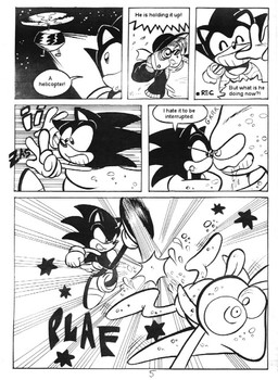 aircraft anthro dialogue exclamation_point helicopter interjection kick speech_bubble text vehicle water ayamepso sega sonic_adventure sonic_the_hedgehog_(series) chaos_(sonic) sonic_the_hedgehog elemental_creature eulipotyphlan hedgehog humanoid mammal water_creature comic english_text monochrome translated
