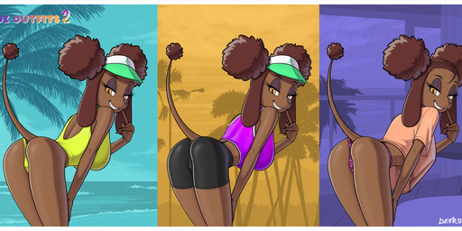 anthro big_breasts bottomwear bra breasts brown_body brown_fur brown_hair butt clothing eyelashes female floppy_ears fur hair hotpants long_ears multiple_outfits one-piece_swimsuit panties presenting presenting_hindquarters shirt shorts smile solo sports_bra swimwear t-shirt tail tail_tuft tight_bottomwear tight_clothing tight_shorts topwear tuft underwear devo87 canid canine canis domestic_dog mammal poodle hi_res