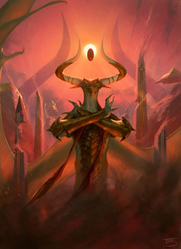 anthro armor bracers claws cloud column day detailed_background front_view horn looking_at_viewer male obelisk outside pyramid sand solo sun tyler_jacobson hasbro magic:_the_gathering mythology wizards_of_the_coast nicol_bolas dragon mythological_creature mythological_scalie scalie hi_res official_art