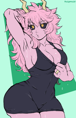 aged_up armpit_fetish bangs big_butt bodily_fluids breasts butt camel_toe cleavage clothed clothing clothing_pull cocked_hip eyelashes female fluffy fluffy_hair hair hand_behind_head huge_butt long_eyelashes medium_breasts navel pink_body pink_hair ring solo sweat sweatdrop tight_clothing ventral_groove wide_hips yellow_eyes fuzymuze my_hero_academia ashido_mina humanoid absurd_res hi_res sketch