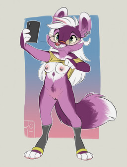 anthro blue_eyes breasts cellphone ear_piercing electronics eyewear female fur genitals glasses hair long_hair nipple_piercing nipples phone piercing purple_body purple_fur solo spats vulva white_body white_fur white_hair reign-2004 mammal unknown_species 2018 digital_media_(artwork) hi_res