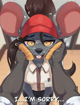 anthro bent_whiskers big_ears bodily_fluids buckteeth burger_bun clothed clothed_anthro clothed_female clothing crooked_whiskers disembodied_hand duo employee_uniform female first_person_view front_view fully_clothed fully_clothed_anthro fully_clothed_female fur grey_body grey_fur hair ponytail spiral spiral_eyes sweat teeth whiskers liet4649 ratricia_(el-k) mammal mouse murid murine rodent hi_res