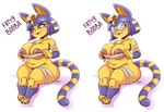 anthro areola bangs big_areola big_breasts big_nipples blep blue_hair blush breasts eyewear female fur glasses hair huge_areola huge_nipples nipples overweight overweight_anthro overweight_female round_glasses short_stack sitting solo thick_thighs tongue tongue_out uraeus yellow_body yellow_fur karakylia animal_crossing nintendo ankha_(animal_crossing) domestic_cat felid feline felis mammal 2023 hi_res