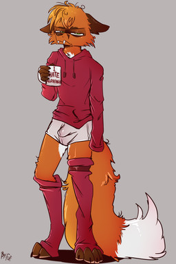 4_toes anthro big_tail black_claws blonde_hair boxers_(clothing) brown_body brown_fur brown_markings brown_nose bulge claws clothing container cup dipstick_tail facial_markings fangs feet fluffy fluffy_tail front_view fur green_eyes grey_background grumpy hair head_markings holding_container holding_cup holding_object hoodie leg_warmers legwear long_tail looking_at_viewer male markings multicolored_body multicolored_fur multicolored_tail orange_body orange_fur orange_tail pink_clothing pink_legwear pink_topwear short_hair simple_background solo standing tail tail_markings teeth text toe_claws toes topwear two_tone_tail underwear white_body white_clothing white_fur white_tail white_underwear fuf canid canine fox mammal 2020 2:3 digital_media_(artwork) english_text full-length_portrait hi_res portrait signature
