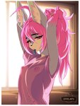 clothing eyelashes femboy fur grey_body hair inner_ear_fluff looking_at_viewer male nipple_piercing nipples object_in_mouth piercing pink_hair pupils solo translucent translucent_clothing tuft ziffir canid canine lagomorph leporid mammal rabbit 3:4 hi_res