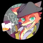 alcohol anthro beer beverage border circle clothed clothing fur green_eyes hat headgear headwear male pirate solo transparent_border 327b_(artist) disney zootopia nick_wilde canid canine fox mammal 1:1 2017 alpha_channel