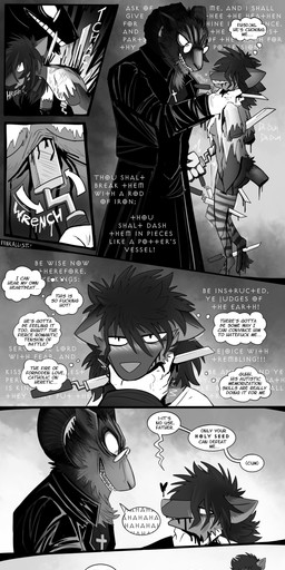 anthro asphyxiation bayonet bible_verse blood bodily_fluids choking christian_symbol clothing dark_hair dialogue female gloves gore group hand_on_neck handwear heart_symbol horn knife larger_male looking_at_viewer male neck_injury priest profanity religion religious_symbol size_difference smaller_female speech_bubble stab text trio violence weapon wounded pankallisti catholicism christianity hellsing alexander_anderson_(hellsing) circe_(pankallisti) medea_(pankallisti) bovid caprine mammal murid murine rat rodent sheep absurd_res comic english_text greyscale hi_res monochrome daughter_(lore) mother_(lore) mother_and_child_(lore) mother_and_daughter_(lore) parent_(lore) parent_and_child_(lore) parent_and_daughter_(lore)