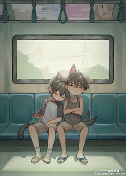 annoyed bangs biped blush bottomwear clothed clothed_humanoid clothed_male clothing crossed_arms dappled_light direction_lines duo eyes_closed footwear front_view hair human_and_animal_ears male motion_lines multi_ear muted_colors plantigrade public_transportation sandals shadow shirt shoes short_hair shorts sleeping sleeveless_shirt socks t-shirt tail tail_motion tailwag text topwear young young_humanoid young_male omurice-kun animal_humanoid canid canid_humanoid canine canine_humanoid cat_humanoid dog_humanoid felid felid_humanoid feline feline_humanoid humanoid mammal mammal_humanoid tailed_humanoid 2025 absurd_res digital_drawing_(artwork) digital_media_(artwork) english_text handwritten_text hi_res shaded simple_shading url