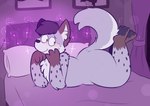 anthro bed bedroom blush blush_lines curtains furniture legs_up looking_back lying male mottled on_front pillow purple_background raised_tail simple_background solo tail cat-boots canid canine mammal