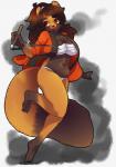 anthro asian_clothing bandage brown_hair brush clothing east_asian_clothing female fluffy fluffy_tail fundoshi hair haori holding_ink_brush ink ink_brush japanese_clothing long_hair red_eyes slightly_chubby solo tail underwear unknown_artist canid canine mammal raccoon_dog tanuki