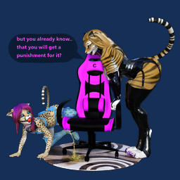 age_difference anthro ball_gag bodily_fluids breasts chair clothed clothing dominant dominant_female duo female female/female furniture gag genital_fluids hair latex latex_clothing latex_legwear latex_stockings legwear long_hair peeing slave speech_bubble stockings text thigh_highs urine watersports young younger_female bbdworks tiana_(bbdworks) yukiko_(bbdworks) cheetah felid feline mammal pantherine tiger 1:1 3d_(artwork) alpha_channel digital_media_(artwork) english_text hi_res