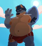 anthro armpit_hair aroused belly big_pecs blue_body blue_eyes blue_fur blue_nose body_hair bottomwear clothed clothing cloud dialogue erection erection_under_clothing front_view fur genitals greeting huge_pecs humanoid_genitalia humanoid_penis light looking_at_viewer love_handles low-angle_view male musclegut muscular navel nipples overweight overweight_anthro overweight_male pecs penis pink_nipples shorts smile solo sunlight text thick_thighs damelty bluey_(series) bandit_heeler australian_cattle_dog canid canine canis cattledog domestic_dog herding_dog mammal pastoral_dog absurd_res english_text hi_res