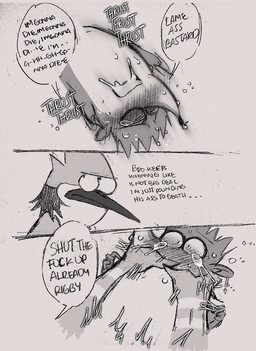 anal anthro asphyxiation beak blush bodily_fluids choking crying dialogue duo forced male male/male male_penetrated male_penetrating male_penetrating_male penetration rape sex tears text ranranparadoxx cartoon_network regular_show mordecai_(regular_show) rigby_(regular_show) avian bird blue_jay corvid jay_(bird) mammal new_world_jay oscine passerine procyonid raccoon comic english_text hi_res