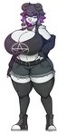 anthro big_breasts black_hair bottomwear breasts clothing facial_piercing female footwear hair horn huge_breasts legwear nose_piercing nose_ring piercing purple_eyes ring_piercing shirt shoes shorts solo stockings topwear white_body zak_hitsuji tai_(zak_hitsuji) bovid caprine goat mammal hi_res