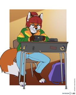 anthro backpack barefoot blue_bottomwear blue_clothing blue_pants bottomwear chair cheek_tuft clothed clothing colored_nails desk digitigrade dipstick_tail electronics eyewear facial_tuft feet female fully_clothed fur furniture glasses green_clothing green_eyes green_jacket green_topwear hair headgear headphones headset heterochromia hime_cut jacket markings nails pants ponytail red_body red_fur simple_background sitting solo table tail tail_markings topwear tuft white_body white_fur yellow_eyes foxboy83 game_gear sega meeloh canid canine fox mammal red_fox true_fox 4:5 colored digital_media_(artwork) flat_colors full-length_portrait hi_res portrait