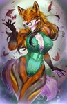 anthro blonde_hair breasts claws clothed clothing female finger_claws fluffy fluffy_tail fur hair looking_at_viewer multicolored_body multicolored_fur one-piece_swimsuit solo swimwear tail yellow_eyes purplelemons reyna_(reynafox) canid canine fox mammal hi_res