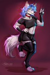 anthro blue_hair claws clothing collar crop_top digitigrade eyewear femboy fluffy fluffy_tail fur gesture glasses hair legwear male pose shirt slim solo tail thigh_highs topwear white_body white_fur ariagoldberry frost_(darkamigem) canid canine canis mammal wolf hi_res