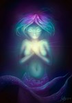 alternate_species breasts detailed_scales eyes_closed featureless_breasts female front_view glowing glowing_eyelashes glowing_lips hair hand_on_chest hands_together light light_body light_skin lips magic multicolored_hair navel nude purple_body purple_scales scales solo split_form underwater water caymartworks marine merfolk 2017 absurd_res colorful_theme cool_colors detailed hi_res lighting