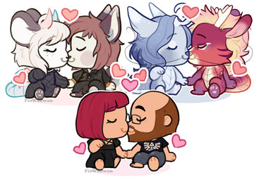 anthro antlers beard chibi clothed clothing duo eyes_closed eyewear facial_hair female female/female glasses hand_holding heart_symbol horn kissing male male/female nude paws rectangular_glasses simple_background sitting tail whiskers white_background ferwanwan mythology nintendo the_legend_of_zelda canid dragon human mammal mythological_creature mythological_scalie rodent scalie 2023 hi_res multiple_images