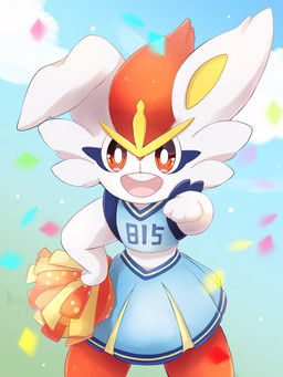 3_fingers anthro buckteeth cheerleader_outfit confetti female fingers fur gesture hand_gesture long_ears looking_at_viewer open_mouth pointing pointing_at_viewer red_body red_eyes red_fur simple_background smile solo teeth toony white_body white_fur 4rurui nintendo pokemon cinderace generation_8_pokemon pokemon_(species) 3:4 hi_res