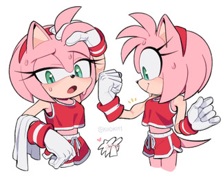 accessory bodily_fluids bottomwear clothing crop_top cropped_legs dolphin_shorts female flexing fur gloves green_eyes hair_accessory hairband handwear overhang pink_body pink_fur red_bottomwear red_clothing red_shorts shirt shorts solo sweat tail topwear towel white_clothing white_gloves white_handwear wristband kiikoi11 sega sonic_the_hedgehog_(series) amy_rose eulipotyphlan hedgehog mammal