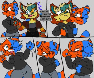 anthro blue_body blue_fur blush clothing duo female female/female fur jacket male male/male orange_body orange_fur suit_transformation tail takeover topwear transformation moxxiecd animate_inanimate living_clothing 2025 6:5 comic hi_res
