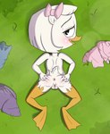 anthro anus blush butt clothing detailed_background discarded_clothing female genitals grass high-angle_view looking_at_viewer lying nude on_front outside plant pussy solo spread_butt spreading young young_anthro limettin disney ducktales ducktales_(2017) webby_vanderquack anatid anseriform avian bird duck absurd_res hi_res