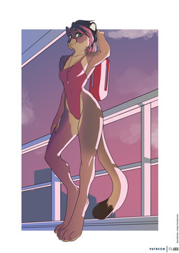 anthro athletic barefoot black_hair breasts brown_body brown_fur building camel_toe cheek_tuft clothed clothing digitigrade dipstick_tail dusk facial_tuft feet female fence fur green_eyes hair highlights_(coloring) lifeguard markings navel_outline nipple_outline one-piece_swimsuit outside pink_clothing pink_highlights pink_one-piece_swimsuit pink_swimwear short_hair sky small_breasts solo standing swimwear tail tail_markings tan_body tan_fur tight_clothing tuft whistle_(object) foxboy83 cheska cougar felid feline mammal colored full-length_portrait hi_res portrait shaded