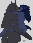 anthro balls biceps big_balls big_butt big_penis black_body black_fur black_nose bodily_fluids butt butt_grab drooling duo eyebrows eyes_closed fangs foreskin fur genital_fluids genitals hair hand_on_butt hot_dogging hug humanoid_genitalia humanoid_penis kissing looking_at_another male male/male muscular muscular_male nipples pecs penis precum saliva sex simple_background size_difference smile teeth repzzmonster mythology anonym0use klent_(character) nova_(anonym0use) rowrow canid canine canis mammal mythological_canine mythological_creature werecanid werecanine werecreature werewolf wolf absurd_res hi_res