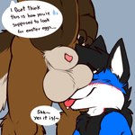 animal_genitalia anthro ball_lick balls balls_on_face big_balls big_sheath blush dialogue duo genitals licking male male/male oral penis penis_tip sex sheath speech_bubble these_aren't_my_glasses tongue tongue_out gaokun cobalt_(texiefox) kita_tanuki canid canine canis mammal raccoon_dog tanuki wolf absurd_res hi_res