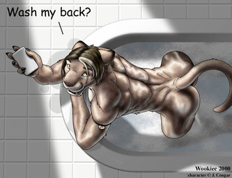 all_fours amber_eyes anthro bath bent_over brown_hair butt dialogue hair looking_at_viewer male nude open_mouth short_hair soap solo tail talking_to_viewer text water wooky cougar felid feline mammal 2000 english_text