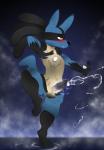 anthro balls bodily_fluids cum cumshot ejaculation fur genital_fluids genitals hands-free male orgasm outside penis red_eyes sky solo v-d-k nintendo pokemon canid canine generation_4_pokemon lucario mammal pokemon_(species) 2017 absurd_res hi_res