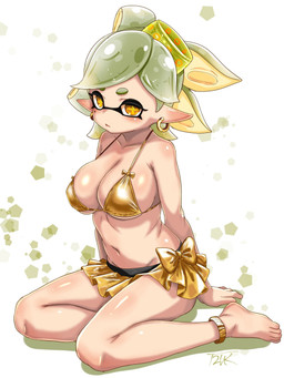 anklet big_breasts bikini breasts clothing collarbone ear_piercing ear_ring eyebrows eyelashes feet female glistening glistening_body glistening_breasts glistening_skin gold_bikini humanoid_pointy_ears jewelry kneeling piercing pointy_ears pseudo_hair ring_piercing solo swimwear tentacle_hair tentacles two-piece_swimsuit yellow_eyes t2ukmyjm nintendo splatoon marie_(splatoon) animal_humanoid aquatic cephalopod humanoid inkling mollusk mollusk_humanoid 2026 3:4 hi_res