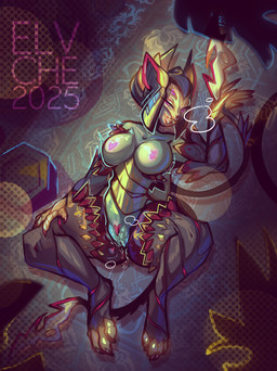accessory anthro bodily_fluids clothing detailed_background female genitals hair_accessory legwear looking_at_viewer looking_pleasured presenting presenting_vulva science_fiction slightly_chubby solo thick_thighs thigh_highs vulva conditional_dnp elvche digital_extremes tencent warframe khora_(warframe) warframe_(species) 2025 digital_media_(artwork) hi_res