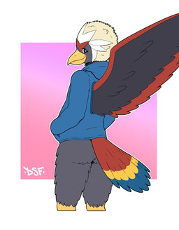 abstract_background anthro back_wings beak black_eyeliner black_eyes black_makeup blue_cere blue_clothing blue_hoodie blue_tail blue_tail_feathers blue_tail_tip blue_topwear bottomless bottomless_anthro bottomless_male butt cere_(anatomy) closed_smile clothed clothing confident confident_male dipstick_tail eyelashes eyeliner fan_tail feather_hair feather_tuft feathered_crest feathered_wings feathers feathery_butt glistening glistening_beak glistening_eyes gradient_background grey_body grey_butt grey_face grey_feathers grey_legs grey_neck grey_tuft grey_wings hand_in_pocket head_crest hood_down hoodie logo looking_at_viewer looking_back looking_back_at_viewer makeup male markings mouth_closed multicolored_body multicolored_crest multicolored_face multicolored_feathers multicolored_legs multicolored_neck multicolored_tail multicolored_tail_feathers multicolored_wings pantsless pantsless_anthro pantsless_male pink_background pockets pokemorph pseudo_hair pupils purple_background rear_view red_back red_body red_feathered_crest red_feathers red_neck red_tail red_tail_feathers red_wings scuted_legs scutes simple_background smile smiling_at_viewer solo tail tail_feathers tail_markings tan_feather_hair tan_pseudo_hair topwear tuft white_background white_feathered_crest white_pupils white_sclera wings yellow_beak yellow_legs yellow_scutes yellow_tail yellow_tail_feathers darksidefighter nintendo pokemon fan_character nado_soarian accipitrid accipitriform avian bird braviary generation_5_pokemon pokemon_(species) artist_logo colored digital_drawing_(artwork) digital_media_(artwork) hi_res portrait three-quarter_portrait