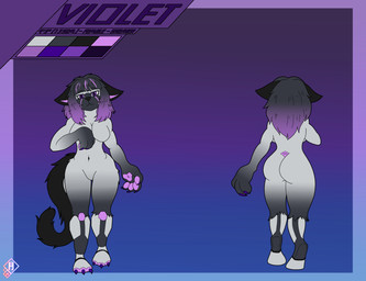 black_hair breasts butt claws digitigrade facial_markings female finger_claws fluffy fluffy_tail freckles fur gradient_fur gradient_hair hair head_markings highlights_(coloring) machine markings nude pawpads purple_highlights robotic_legs solo tail toe_claws white_body white_fur midnightex1 violet_(riona_hexagon) android colorpoint domestic_cat felid feline felis mammal oriental_shorthair robot siamese_cat absurd_res hi_res model_sheet
