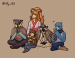 ambiguous_gender anthro bell_hair_tie belt belt_buckle blue_body buckle clothing cowboy_hat female food hat headgear headwear kerchief male neckerchief popcorn robe sheriff_badge sitting white_body inky125 undertale undertale_(series) undertale_yellow ceroba_ketsukane clover_(undertale_yellow) kanako_ketsukane martlet_(undertale_yellow) mettaton starlo_(undertale_yellow) amalgamate avian bird canid canine fox goo_creature human humanoid mammal digital_media_(artwork) hi_res