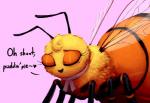 2019 antennae_(anatomy) arthropod bee blush dialogue english_text eyes_closed female feral heart_symbol hymenopteran insect insect_wings markings mataknight mole_(marking) outta_sync purple_background scarf simple_background solo talking_to_viewer text wings