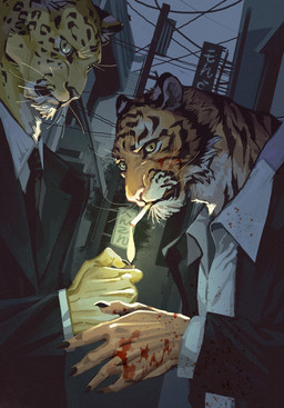 accessory anthro black_claws black_clothing black_necktie black_topwear blood blood_on_clothing blood_on_face blood_on_topwear bodily_fluids claws clothed clothing duo finger_claws fur leopard_spots lighter multicolored_body multicolored_fur necktie orange_body orange_fur smoking spots suit topwear whiskers white_clothing white_topwear yellow_body yellow_fur lljh felid leopard mammal pantherine tiger 2023 hi_res