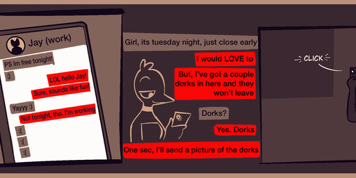 annoyed anthro border brown_border dialogue dishonesty female male smile speech_bubble taking_picture text texting vanilla_candy amelia_is_calling eleanor_(vanilla_candy) avian bird canid canine canis domestic_cat domestic_dog felid feline felis mammal comic english_text hi_res restricted_palette