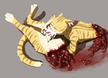 4_toes 5_fingers animal_genitalia anthro autofellatio ball_fondling balls bisected blood blood_on_belly blood_on_ground blood_on_hand blood_stain bodily_fluids brown_stripes claws cum cum_in_mouth cum_inside cum_overflow cut_in_half death disembowelment erection eyebrows eyes_closed feet fellatio fingers fondling fur fuzzy genital_fluids genitals gore gore_focus guts imminent_death inner_ear_fluff intestines male masochism masturbation missing_torso multicolored_body multicolored_fur necrophilia nude on_ground open_mouth oral oral_masturbation orange_nose organs orgasm pawpads penile penile_masturbation penis pink_ears pink_pawpads pink_penis pink_tongue purple_eyes purple_sclera severed_body_part sex sheath simple_background snuff solo stripes tail teeth toes tongue tongue_out tongue_out_fellatio tuft uncertain_goregasm white_body white_eyebrows white_fur wounded yellow_body yellow_fur chuchochi domestic_cat felid feline felis mammal hi_res