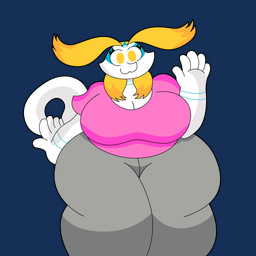 anthro big_breasts blonde_hair bottomwear breasts clothing eyebrows female gesture hair huge_breasts huge_thighs markings pants pink_clothing pink_shirt pink_topwear shirt small_head smile solo tail thick_thighs topwear waving waving_at_viewer white_body wide_hips yellow_eyes 3barts mythology aijou dragon jou mythological_creature mythological_scalie scalie 2018 alpha_channel colored digital_drawing_(artwork) digital_media_(artwork) hi_res